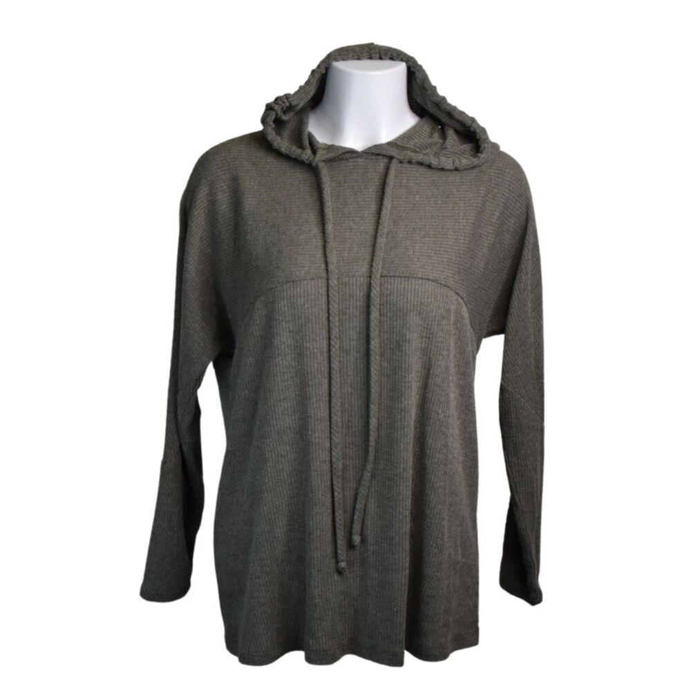 First Love Lightweight Ribbed Hooded Sweater Gray Womens Medium
